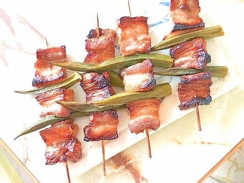 オーブンで焼く!豚バラとオクラの焼き鳥風串焼き♪